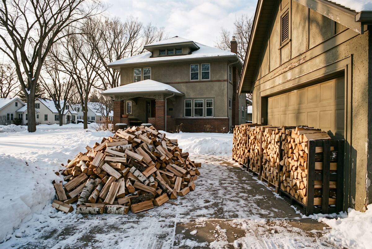 A delivery of split birch and oak firewood on a plowed driveway beside a Minneapolis bungalow, part of it already ricked along the garage wall