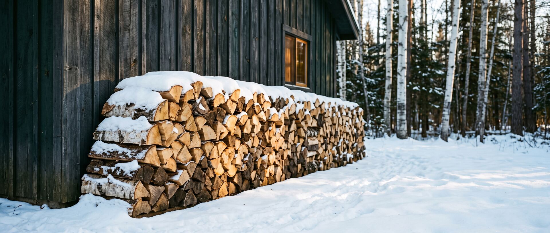 A long rick of split birch and oak firewood stacked against a dark cabin wall under fresh snow, with white birch trunks behind