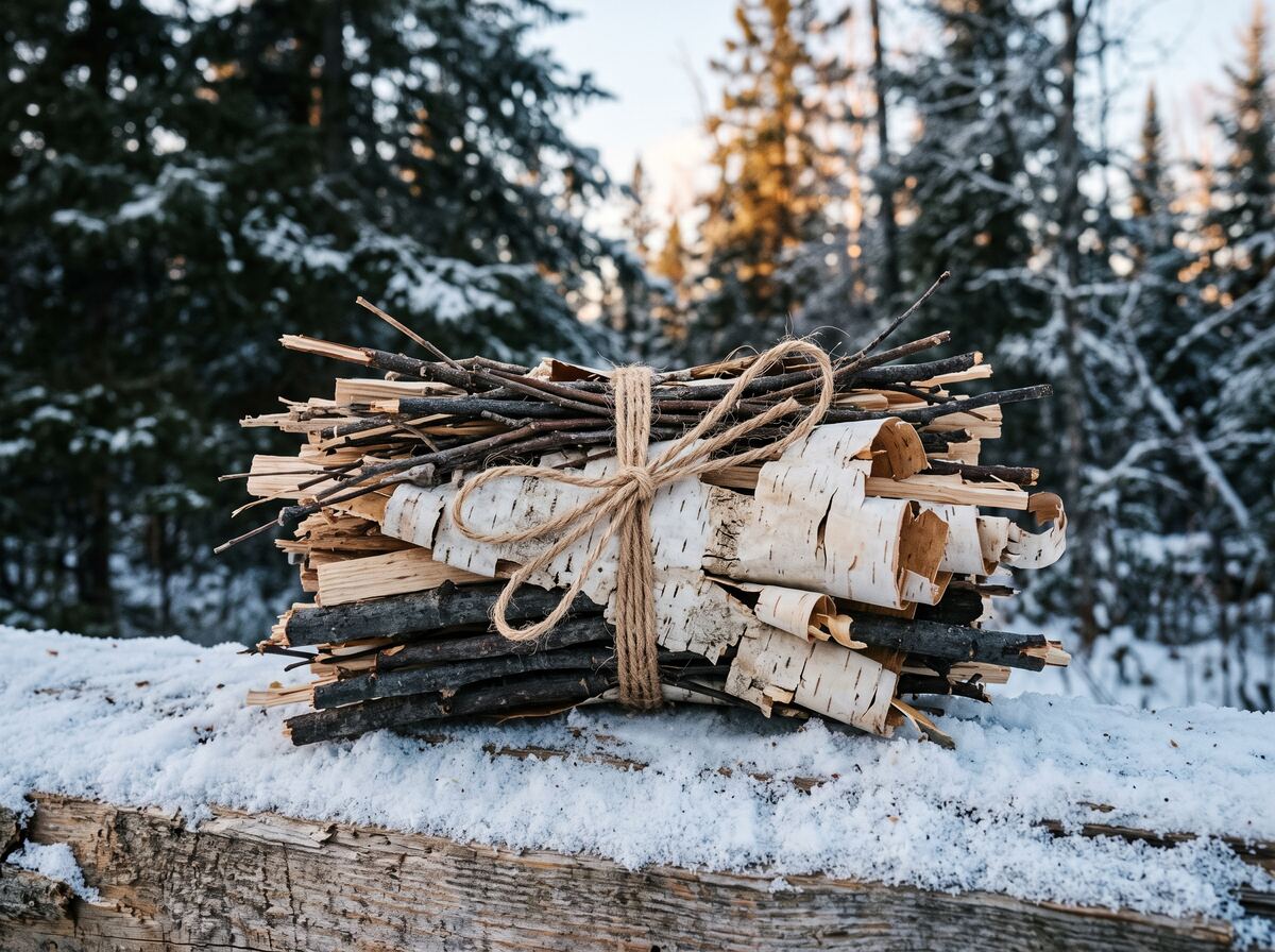 A bundle of dry kindling sticks and curled white birch bark tied with twine, resting on snow