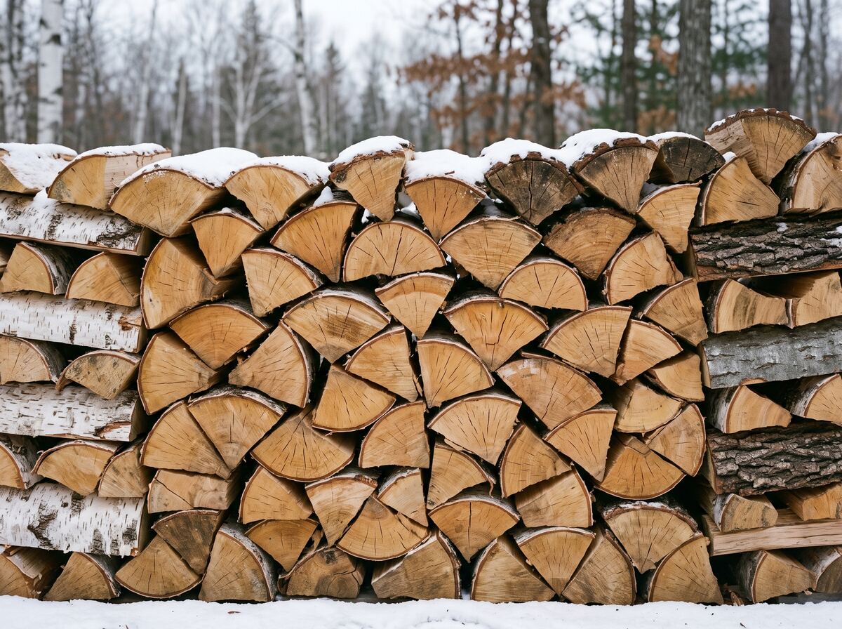 A stacked face of split mixed hardwood firewood — birch, oak and maple wedges dusted with snow
