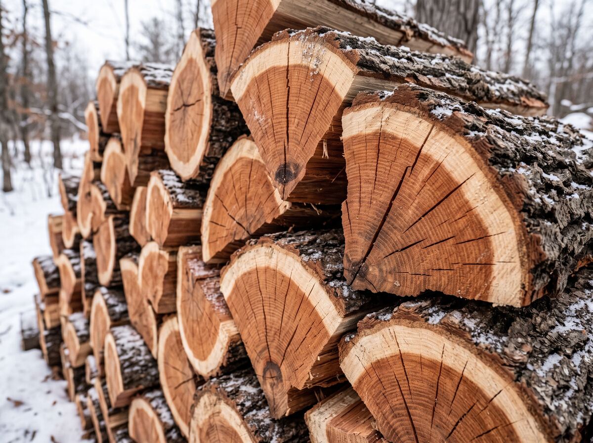 Close view of seasoned split red oak firewood showing deep radial drying checks in the end grain